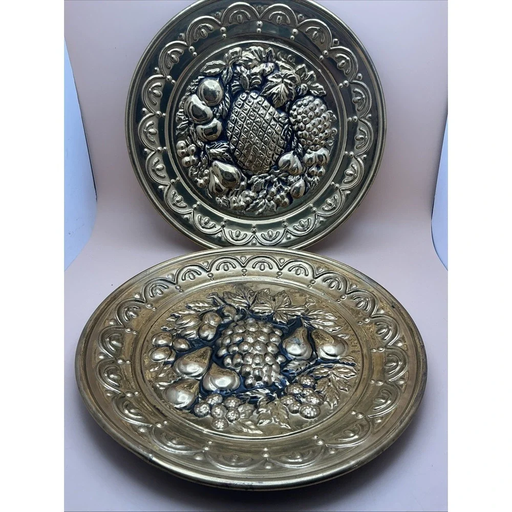 Vintage English 2 Tin Wall Plates Fruit Still Life Gold Tone Blue/Black Ground
